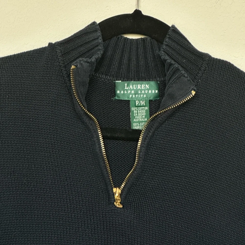 RALPH LAUREN Women‎ Sz Petite M Mock Neck Long Sleeve Quarter Zip Navy Sweater